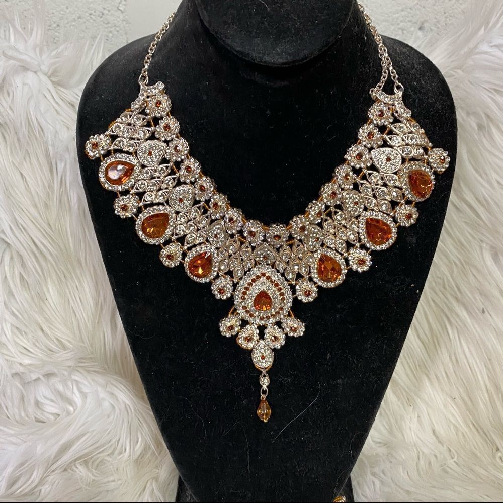 Orange Stone Silver Statement Necklace Dangle Ear… - image 2